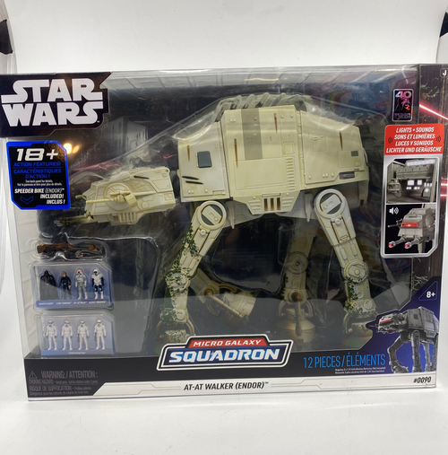 Star Wars AT-AT Walker toy figure in packaging with Micro Galaxy Squadron branding.