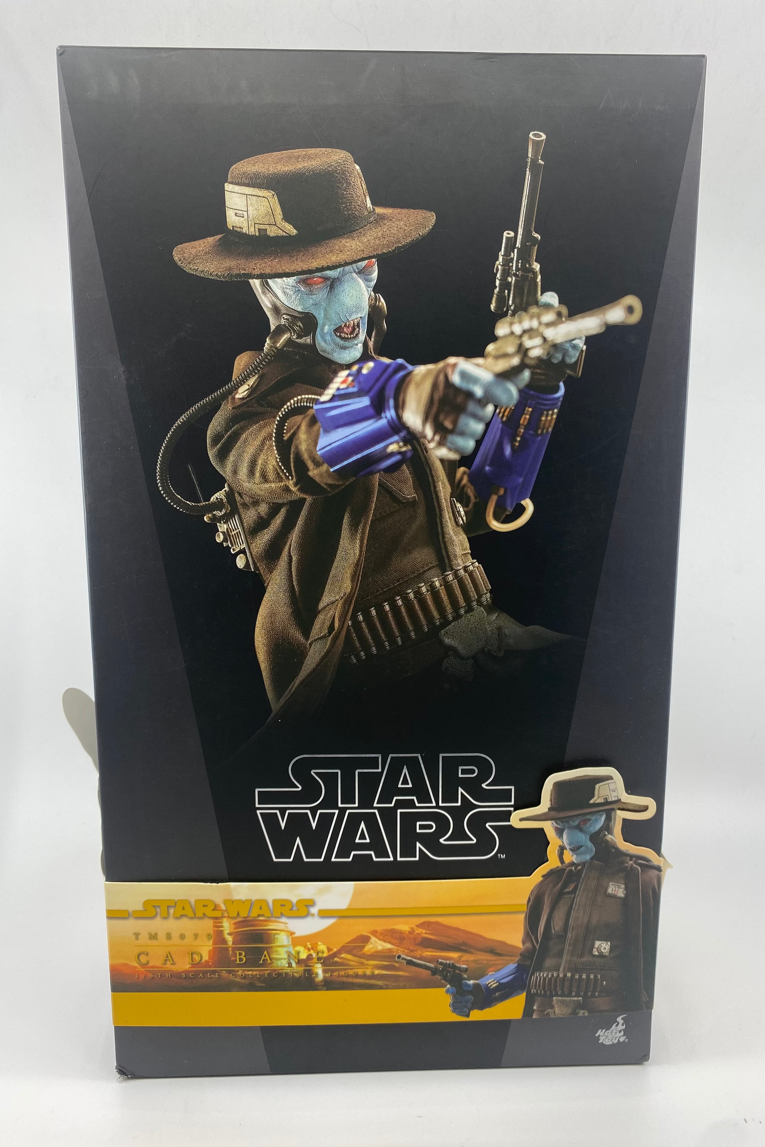 Star Wars action figure packaging with character holding a gun on a black background