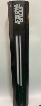 Star Wars lightsaber toy in packaging on a white stand