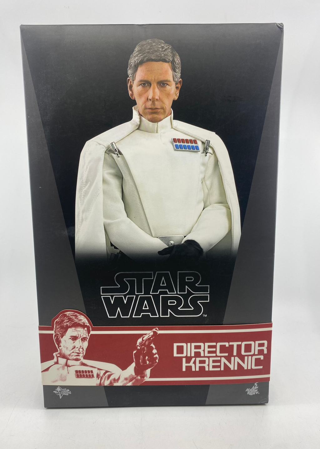 Star Wars action figure box with character portrait and 'Director Krennic' text on a white background