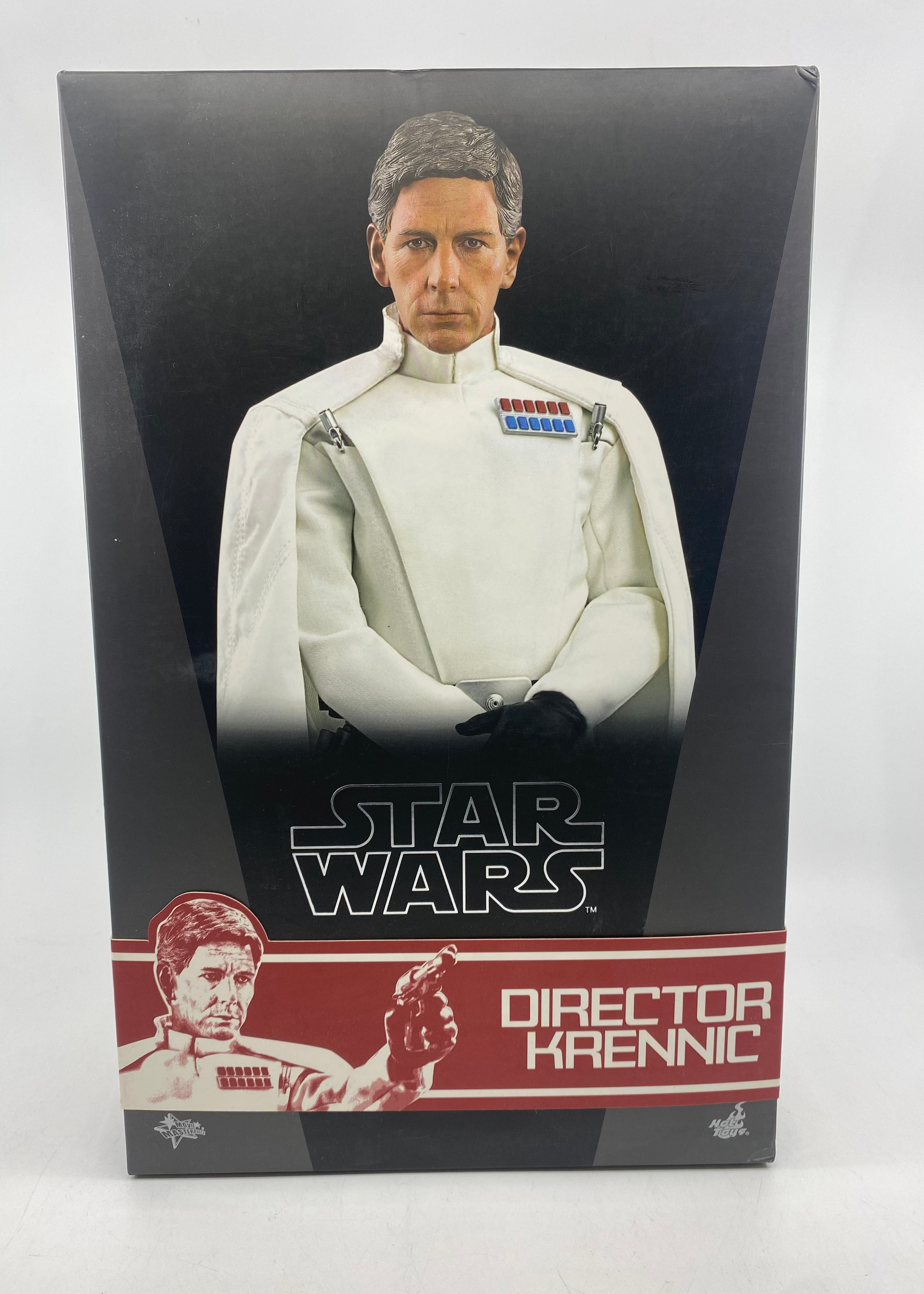 Star Wars action figure box with character portrait and 'Director Krennic' text on a white background