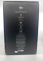 Back view of a black box with text and logos on a white background