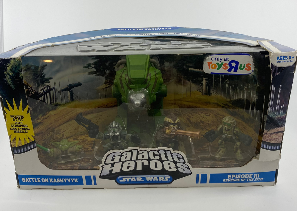 Toy figure in packaging with 'Galactic Heroes' branding on a white background