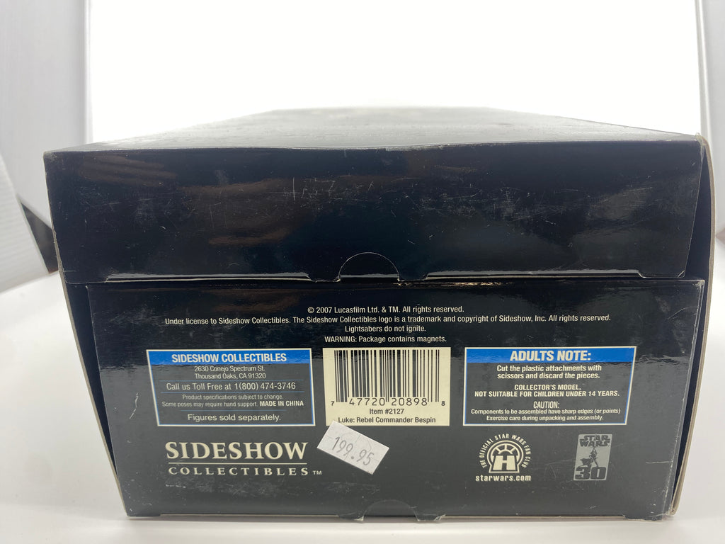 Back of a Sideshow Collectibles box with branding and product information.