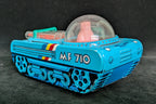 Toy robot with blue body and transparent dome on a dark background