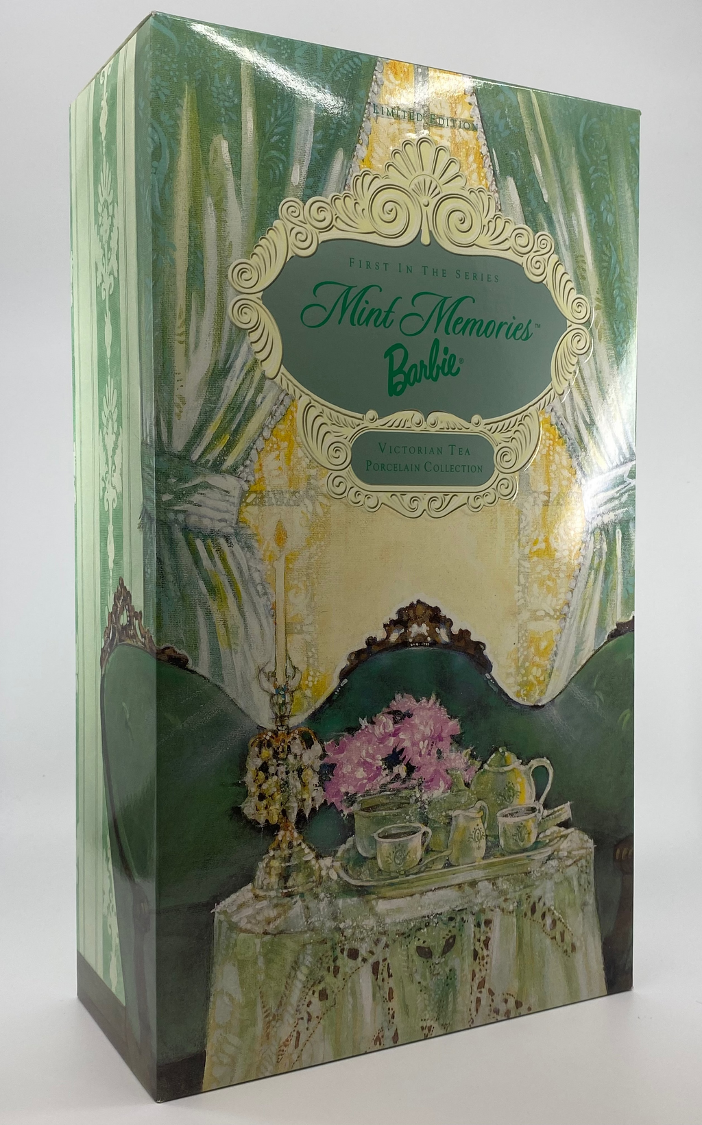 Barbie Mint Memories doll packaging with decorative design on a white background