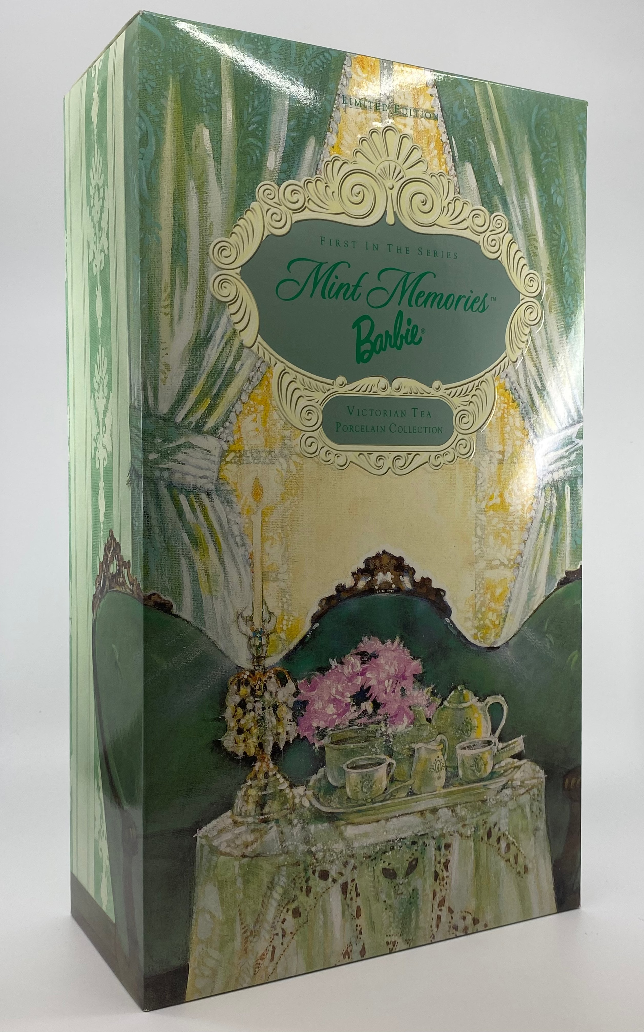 Barbie Mint Memories doll packaging with decorative design on a white background