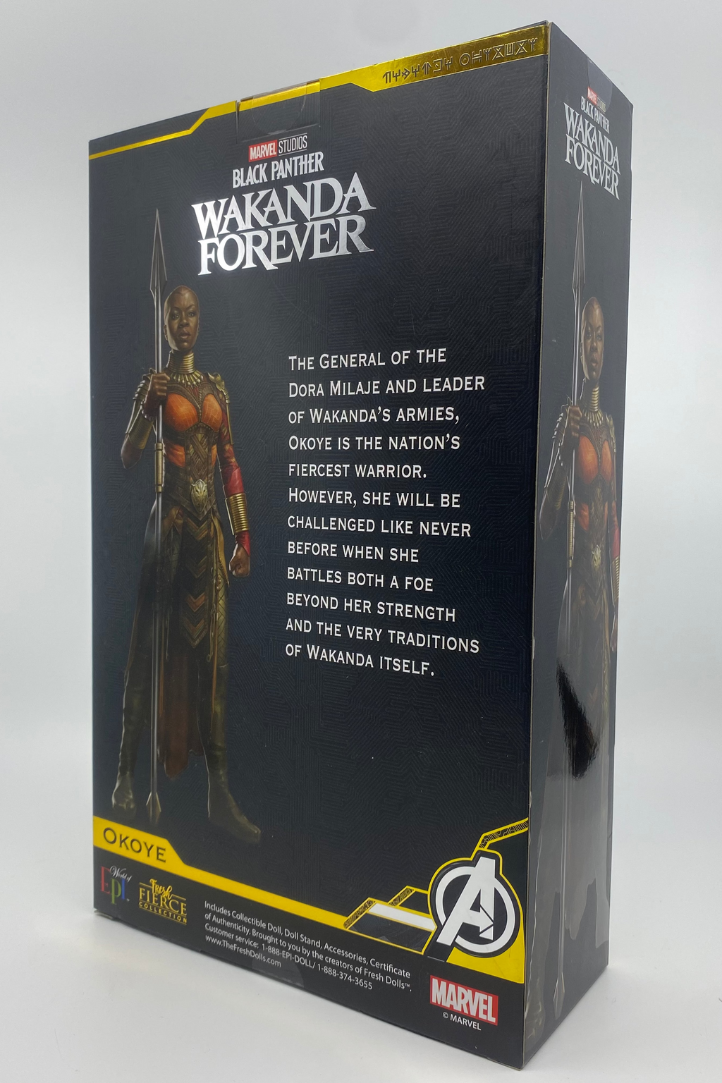 Box packaging of a Marvel Black Panther figure with character details on a gray background