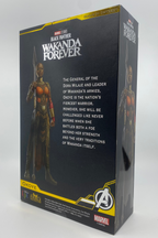 Box packaging of a Marvel Black Panther figure with character details on a gray background