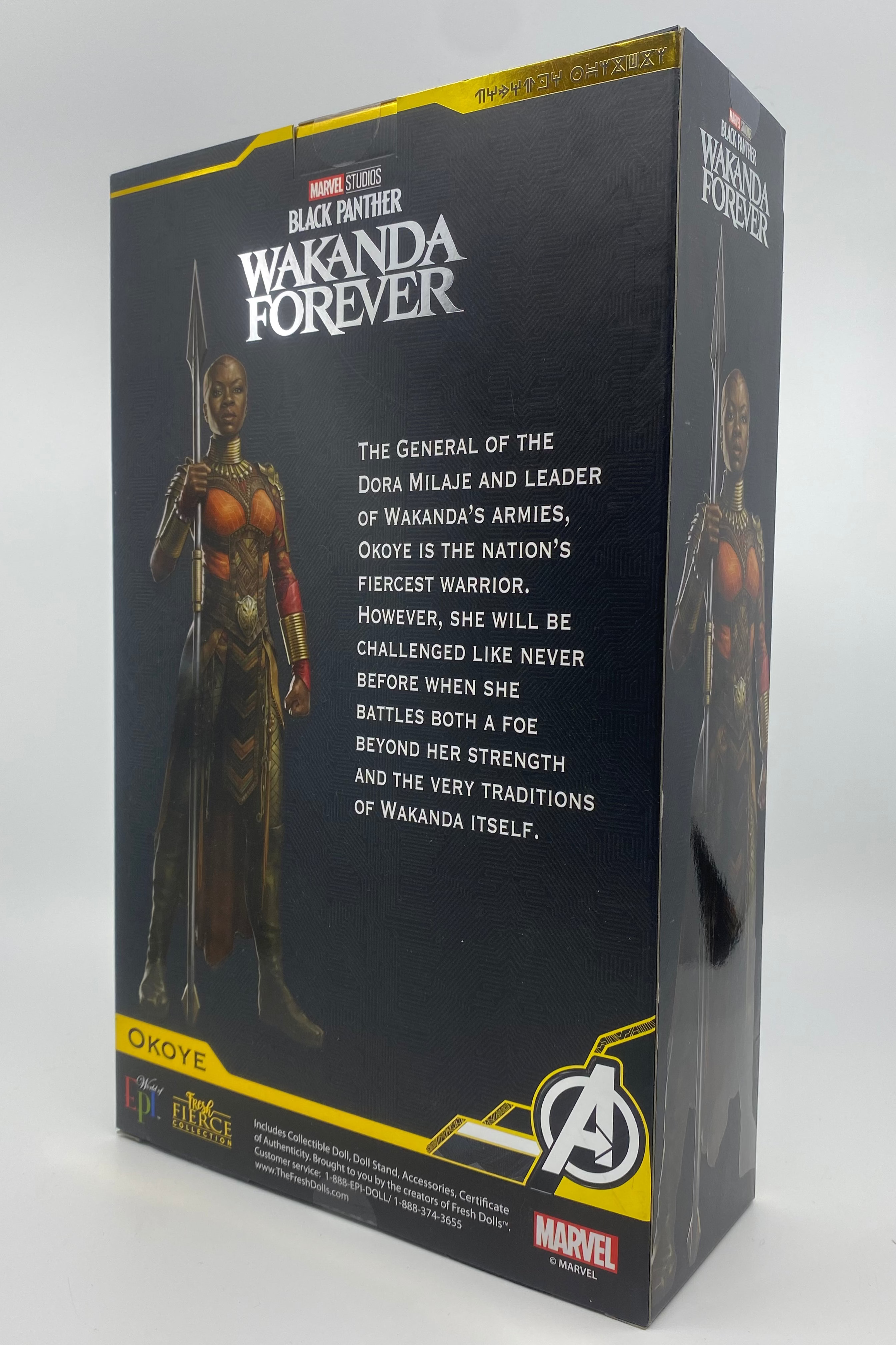 Box packaging of a Marvel Black Panther figure with character details on a gray background
