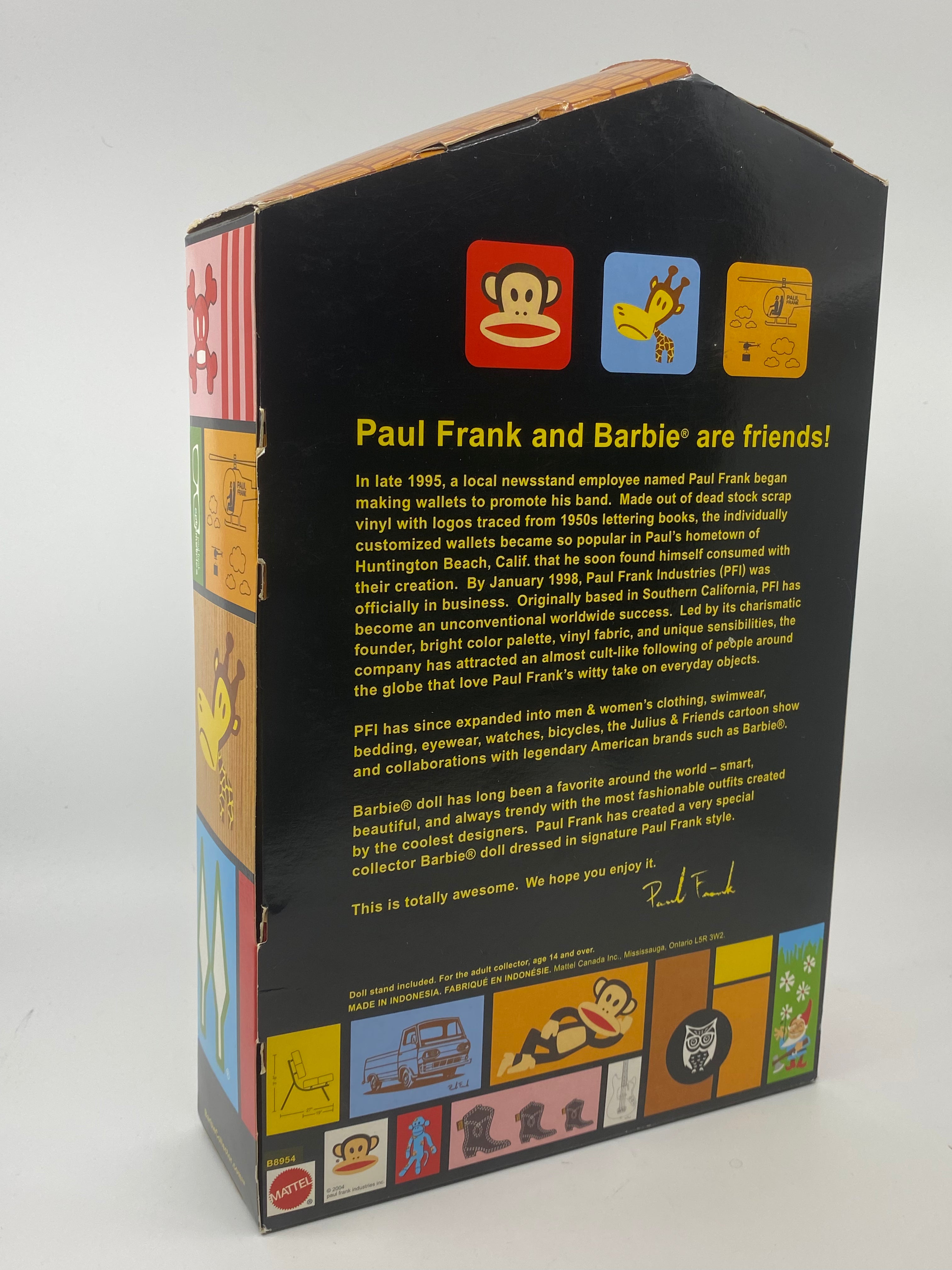Back view of a product packaging featuring Paul Frank and Barbie logos with text.
