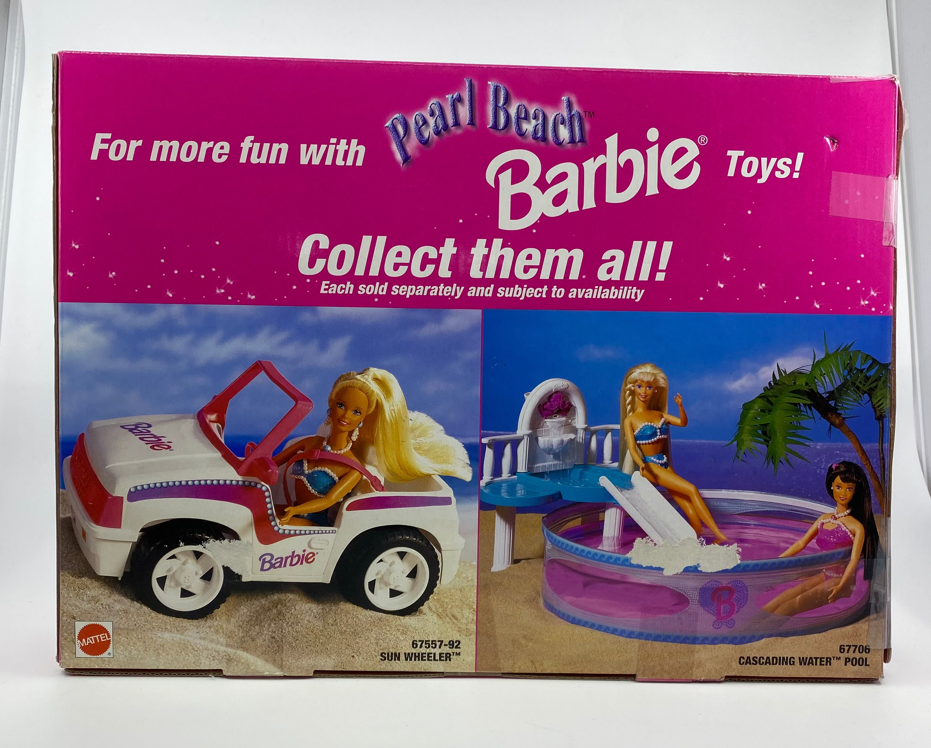 Barbie toy set packaging with pool and car, featuring Pearl Beach Barbie branding.
