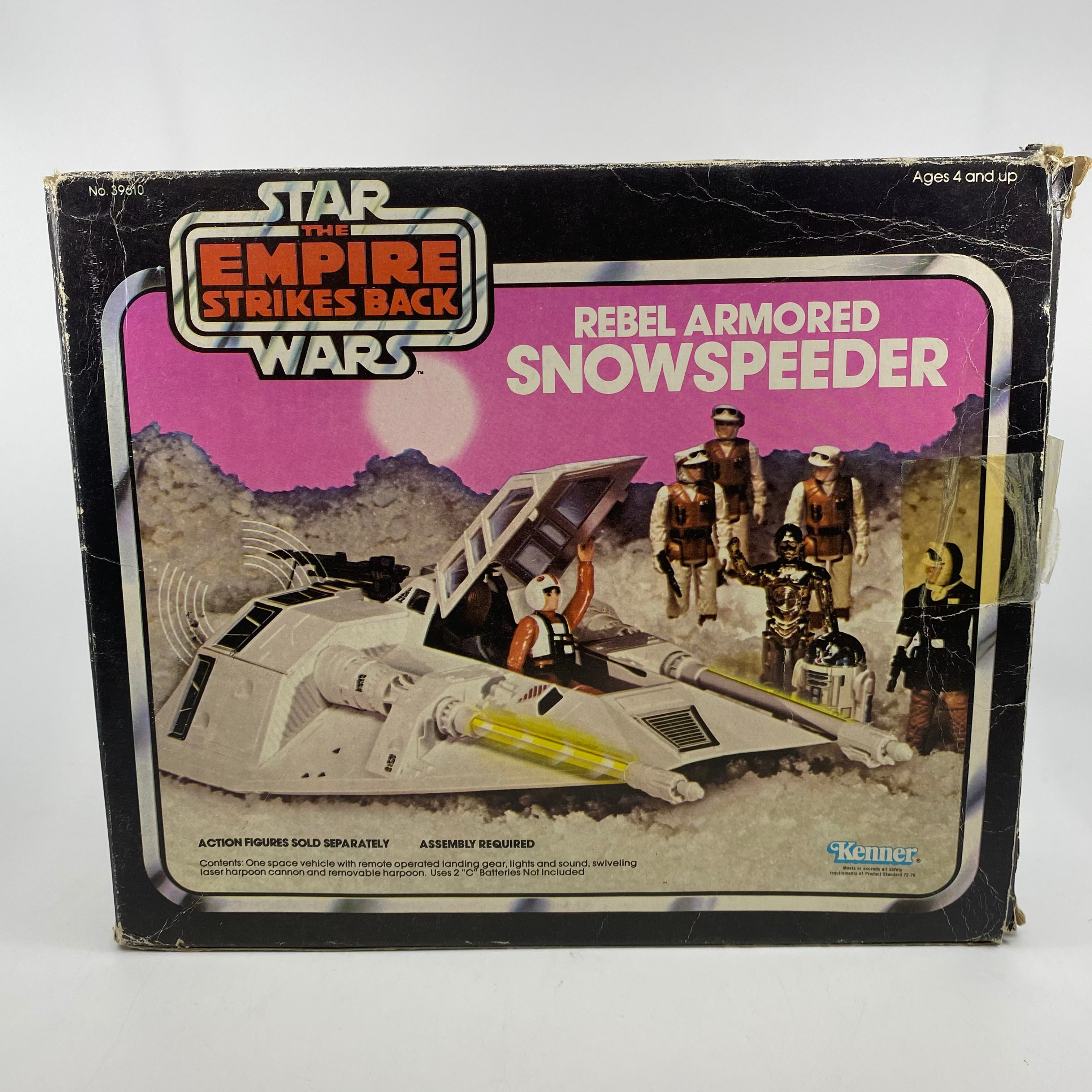 Vintage Star Wars Rebel Armored Snowspeeder toy packaging with characters and icy desert landscape illustration.