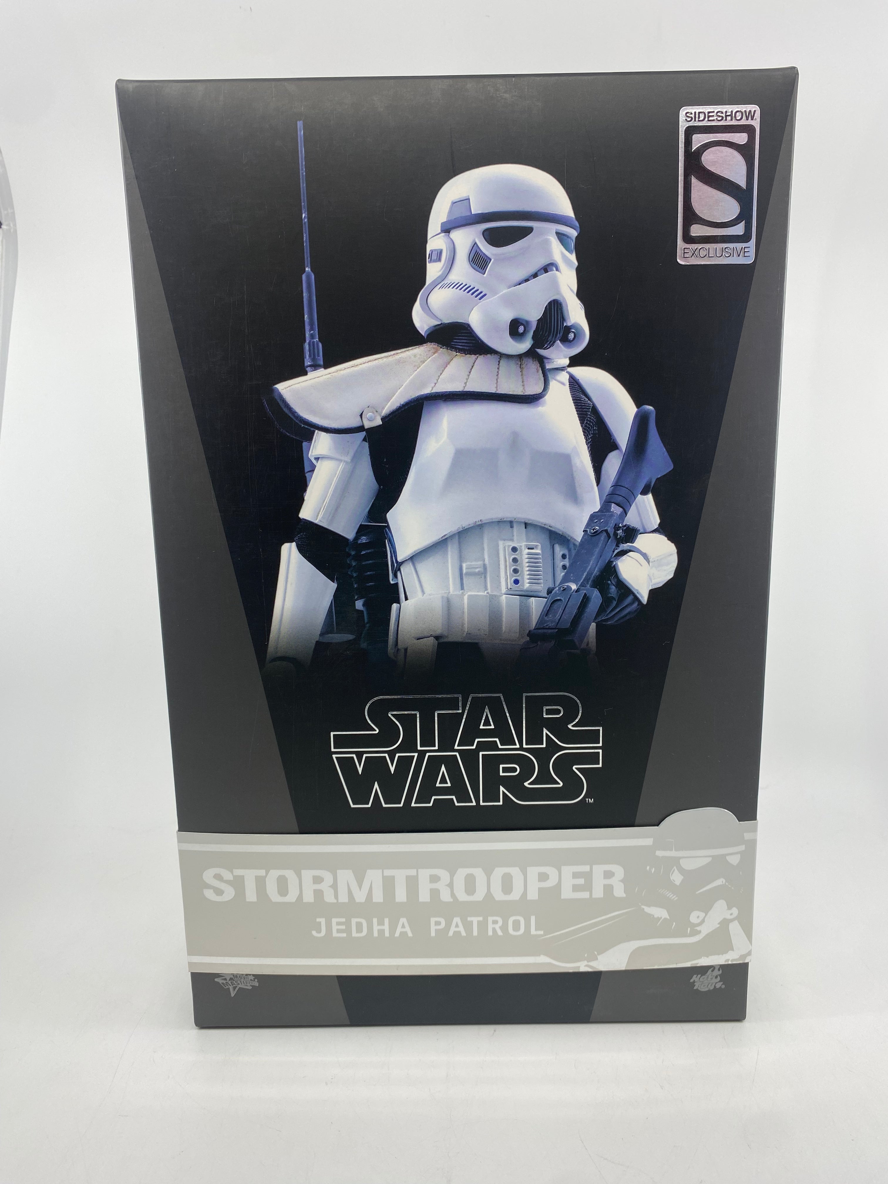 Star Wars Stormtrooper figure packaging with Sideshow Collectibles logo on a white background