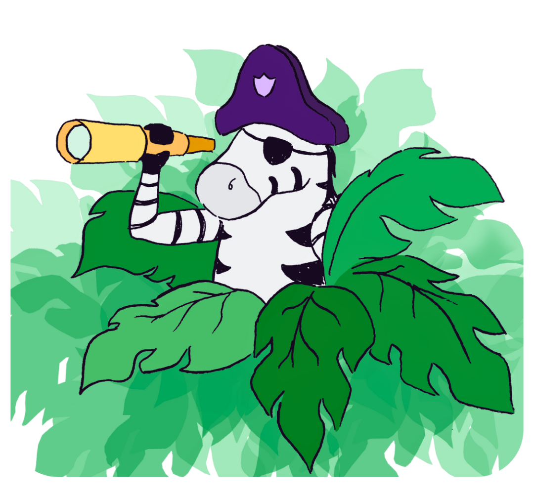Cartoon zebra with a purple pirate  hat and eyepatch, holding binoculars, surrounded by green leaves on a white background.
