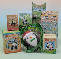 Collection of panda-themed products including toys and squishies 