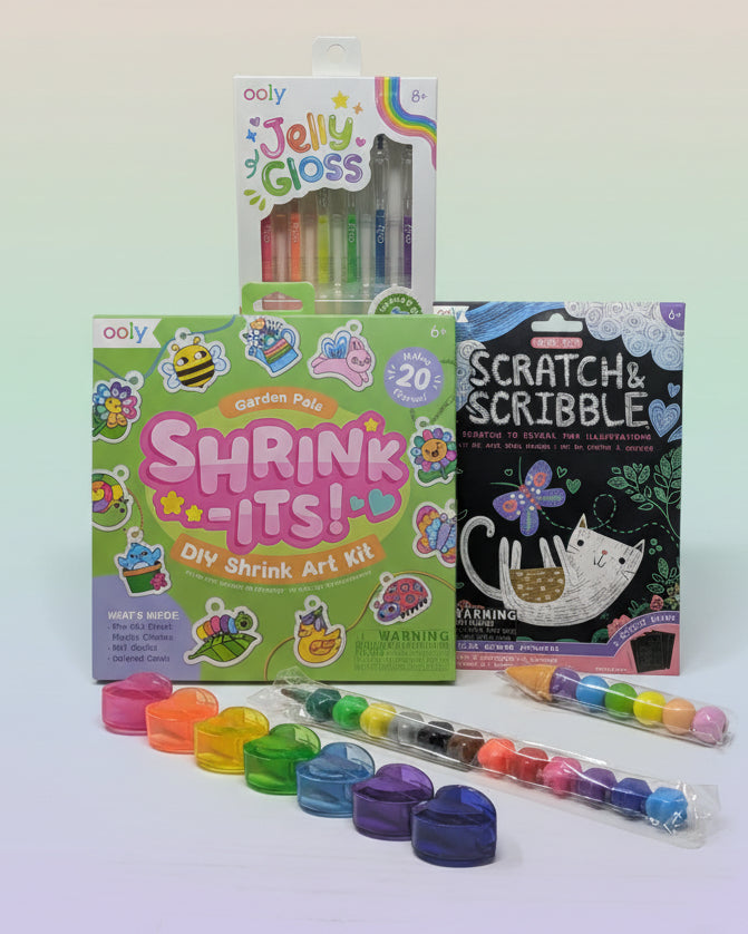 Collection of art kits including 'Shrink-Its!' and 'Scratch & Scribble' 