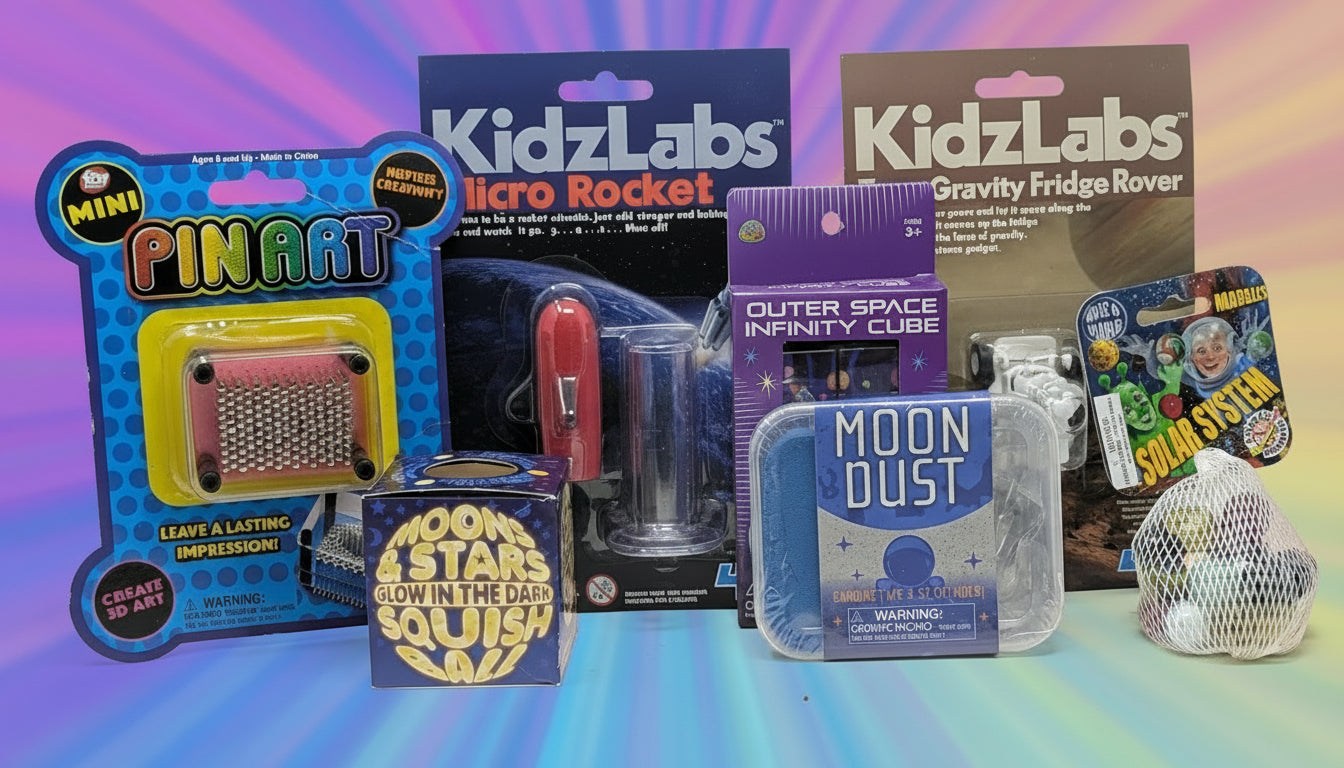 Collection of science kits and toys. Kidzlabs, pin art, house of marbles